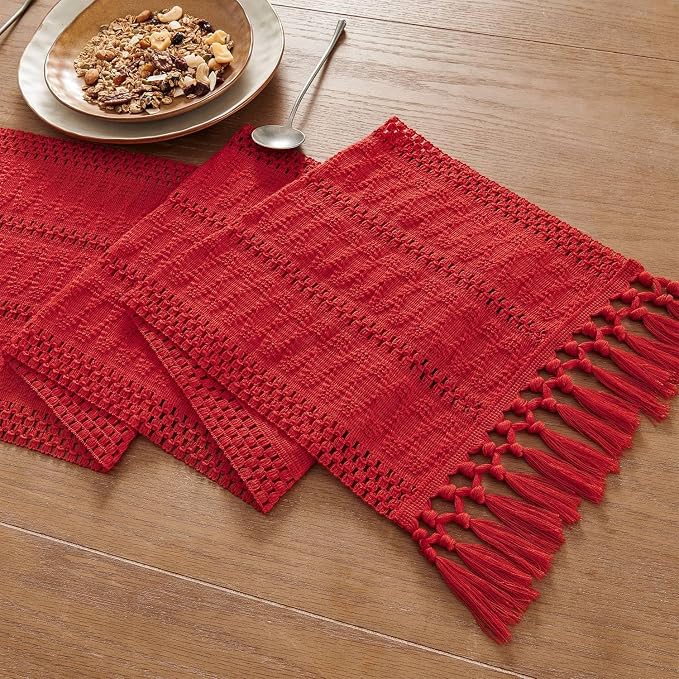 ZeeMart Macrame Style Boho Table Runner, Red Table Runners 108 Inches Long, Farmhouse Woven Home Decor, 12x108 Inch, Red