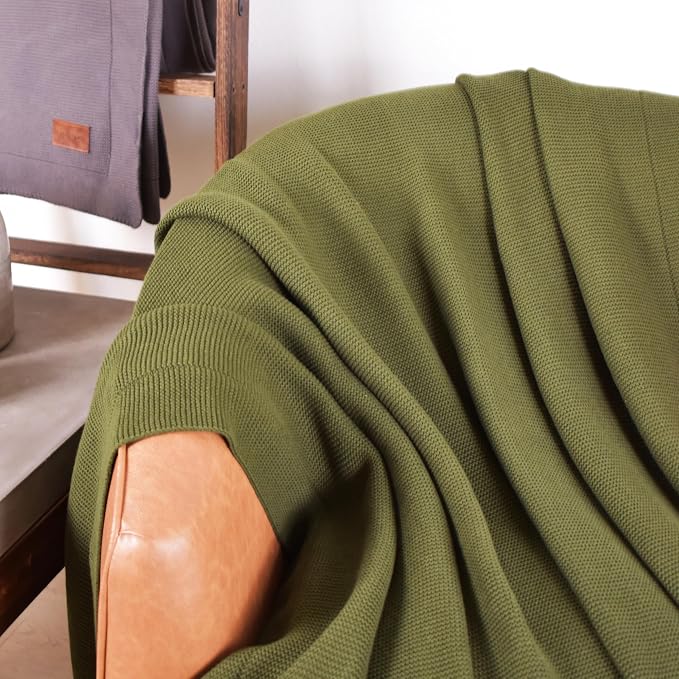 100% Cotton Knitted Throw Blanket – Oeko-TEX® Certified, Breathable & Soft, 50" x 60" – Substantial All-Season Blanket for Couch, Bed, Home Décor and Gifting - 2 lb (Olive Green)