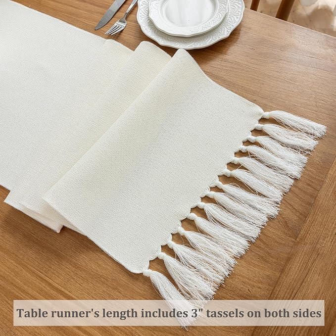 Laolitou White Table Runners 90 Inches Long, Farmhouse Boho Table Runner, Linen Texture Rustic Dining Table Decor Long, 13x90 Inches, White