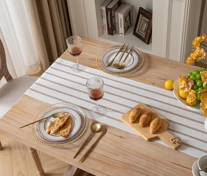 Caflife Boho Table Runner 72 Inchs Long Taupe and Beige, Cotton and Linen Woven with Tassels, for Modern Rustic Farmhouse Neutral Table Runners, Bohemian Kitchen Dining Table Home Decor