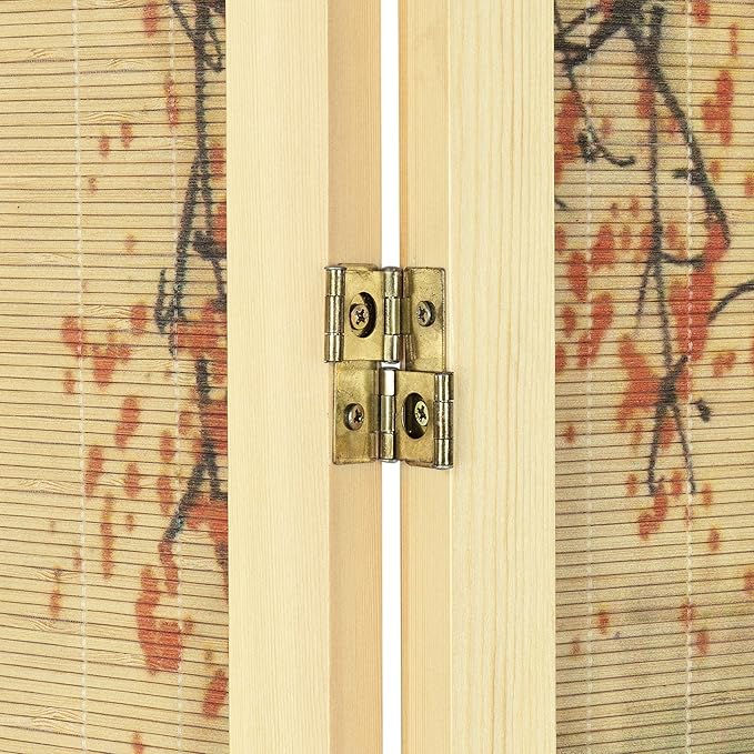 MyGift 4-Panel Folding Bamboo Room Divider Asian-Inspired Cherry Blossom Scene, 6 FT Freestanding Floral Artwork Room Partitioner with Beige Wood Frame