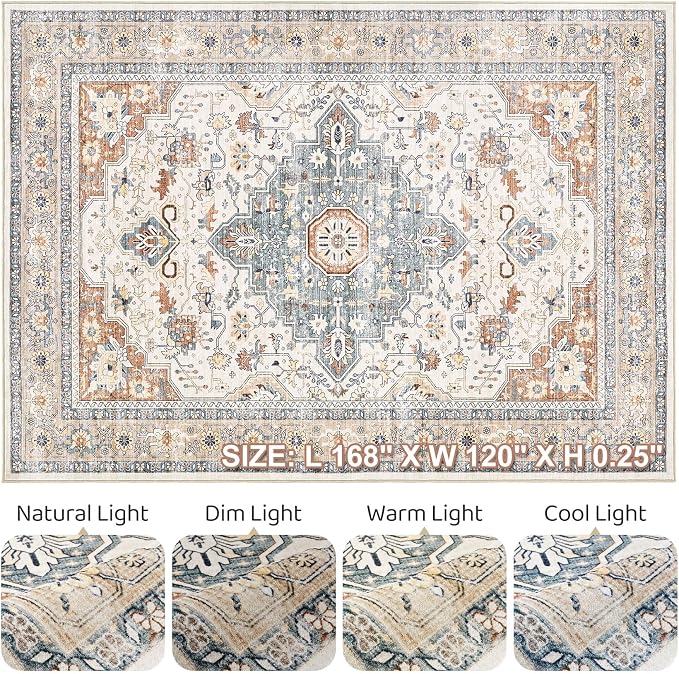 10x14 Area Rugs Living Room: Washable Boho Large Neutral Vintage Soft Rug Stain Resistant Distressed Farmhouse Non-Slip Indoor Floor Carpet for Bedroom Nursery Kids Office Dining Room- Beige Blue