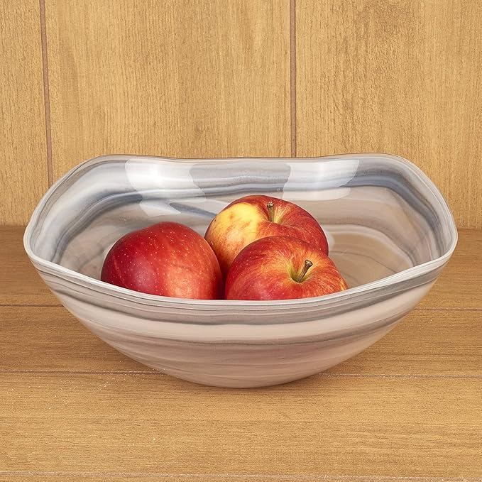 WORLD GIFTS Elegant and Modern Murano Style Art Glass Colorful Centerpiece Squarish Bowl for Home Decor - Gray Alabaster, 10 inch