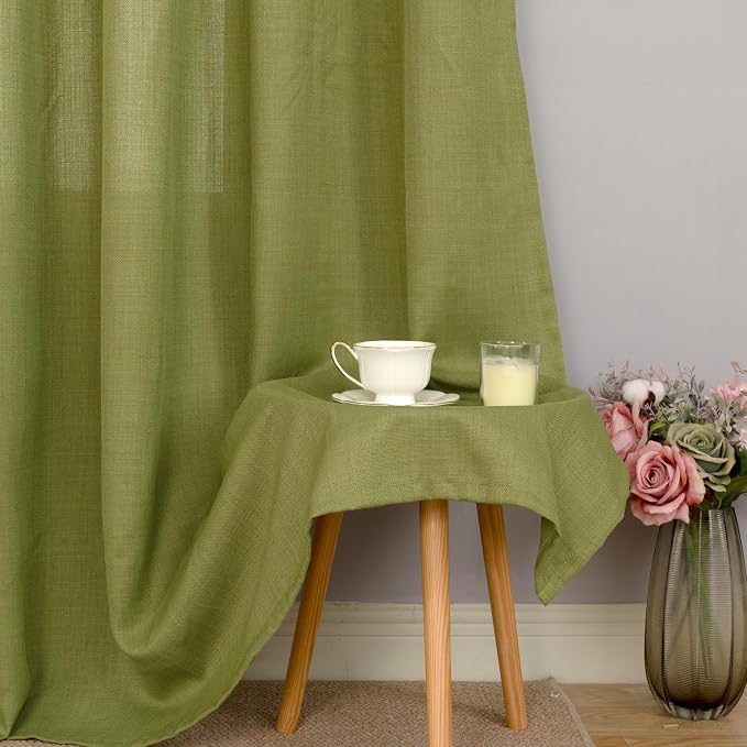 LAMIT Natural Faux Linen Curtains for Bedroom, Light Filtering Panels, Grommet Privacy Protected Linen Curtains for Small Window/Kids' Room, 2 Panels (52 x 102 Inch, Moss Green)