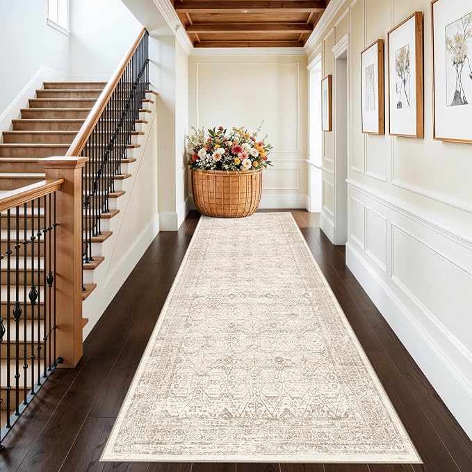 Washable Runner Rug 3x10 Hallway: Non Slip Farmhouse Kitchen Carpet with Rubber Backing for Entryway Long Soft Vintage Indoor Floor Mat for Bathroom Bedroom (Brown/Ivory 3'x10')