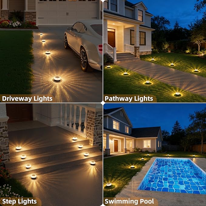 VOLISUN Solar Ground Lights Outdoor,8 Pack Flat Solar Pathway Lights,IP67 Waterproof Solar Powered Disc Lights,Landscape Lighting for Garden Yard Walkway Patio Driveway,Warm White