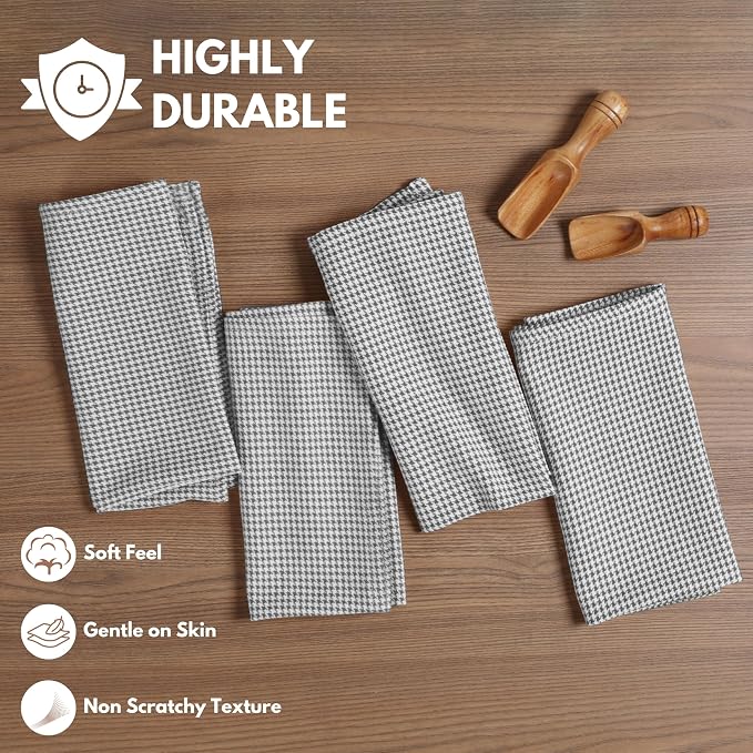 Cloth Napkin 100% Cotton 18"x18" Decorative Washable Table Houndstooth Check Napkins Set of 4 for Dining, Holidays, Buffet Parties & Wedding Use - Grey
