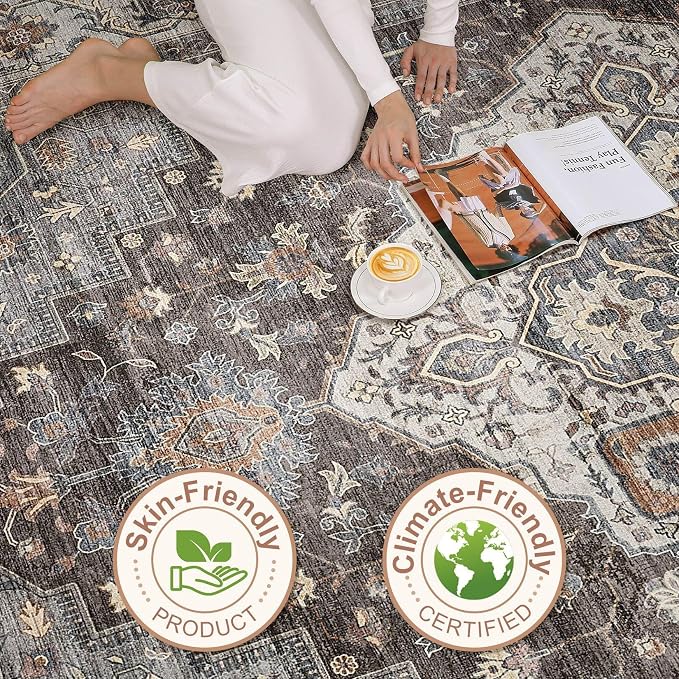 6x8 Area Rug Living Room: Washable Boho Large Neutral Vintage Soft Rug Stain Resistant Farmhouse Non-Slip Indoor Floor Carpet for Bedroom Nursery Kids Office Dining Room Playroom- Grey Brown