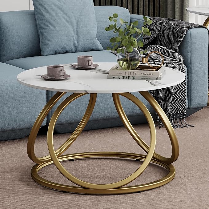 O&K FURNITURE Gold Round Coffee Table, Faux Marble Top with Veins, Modern Center Table with Gold Metal Frame, for Living Room, Home Office, 1 PC