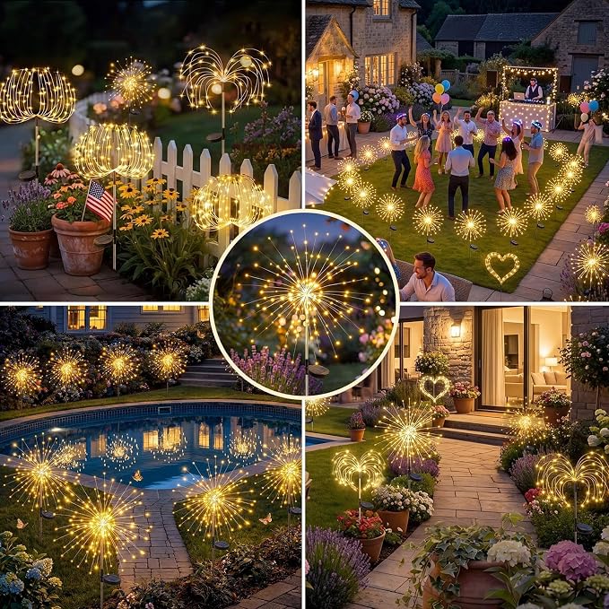 Solar Firework Light, 1 Pack 120 LEDs 8 Lighting Modes Twinkle Solar Garden Lights Outdoor Waterproof for Yard Patio Walkway Pathway Party Wedding Balcony & 4th of July Decor