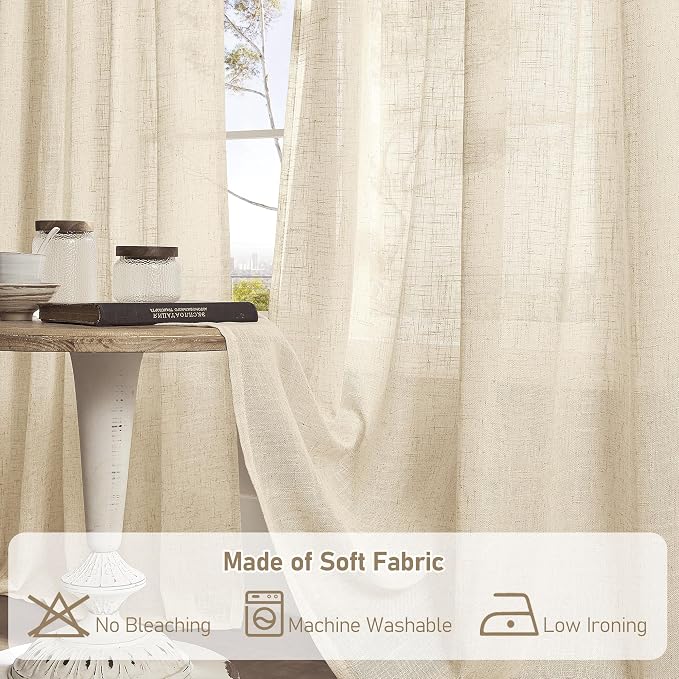 LAMIT Linen Sheer Curtains 96 Inches Long 2 Panels Set, Light Filtering Vertical Panels Bronze Grommet Floor to Ceiling Curtains for Living Room/Sliding Glass Door/Bedroom, Linen, 52 x 96 Inch