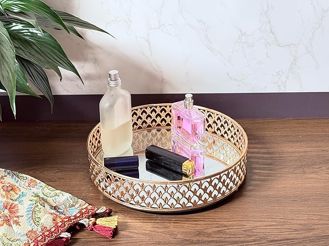 Glass and Gold Round Tray,Dinner Plate Perfume and Vanity Tray Decorative Mirrored Vanity Tray with Gold Metal Cutout Design, Glass and Metal Jewelry Organizer (10 Inch Round)