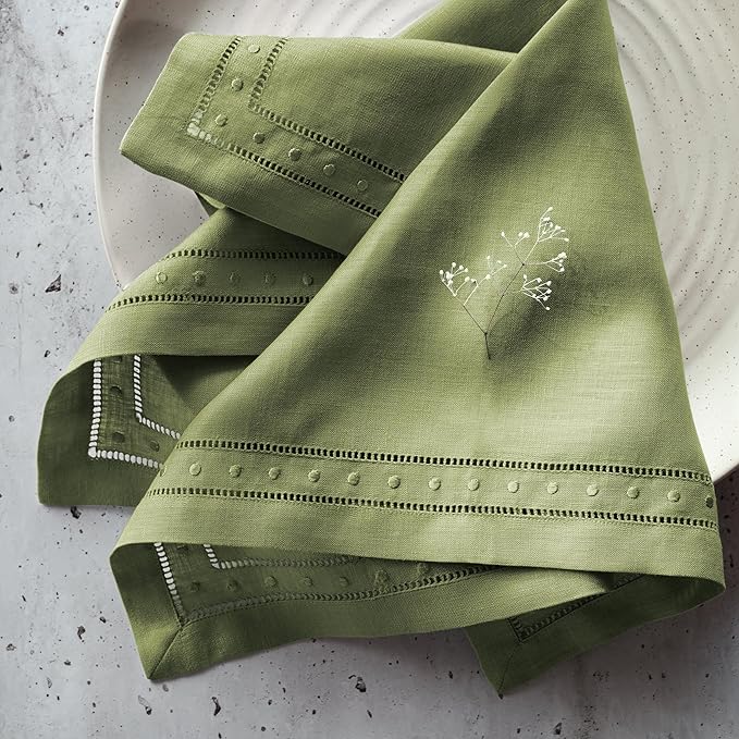 Linen Napkins 18 x 18 inch - 100% Flax Linen Olive Green Dinner Napkins with Embroidered Dot 18 x 18 inch - Hemstitch Cloth Napkins Washable for Easter Day and Spring Holiday
