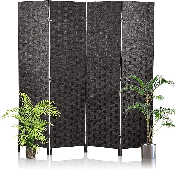 Room Divider, 6FT Wall Divider Wood Screen 4 Panels Wood Mesh Hand-Woven Design Room Screen Divider Indoor Folding Portable Partition Screen,Black