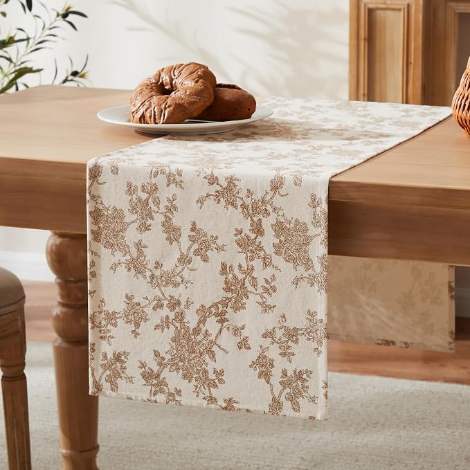 100% Cotton French Pastoral Table Runners, 13x48 Inch Brown Farmhouse Table Runners 48 Inches Long, Vintage Flowers Print Home Decors