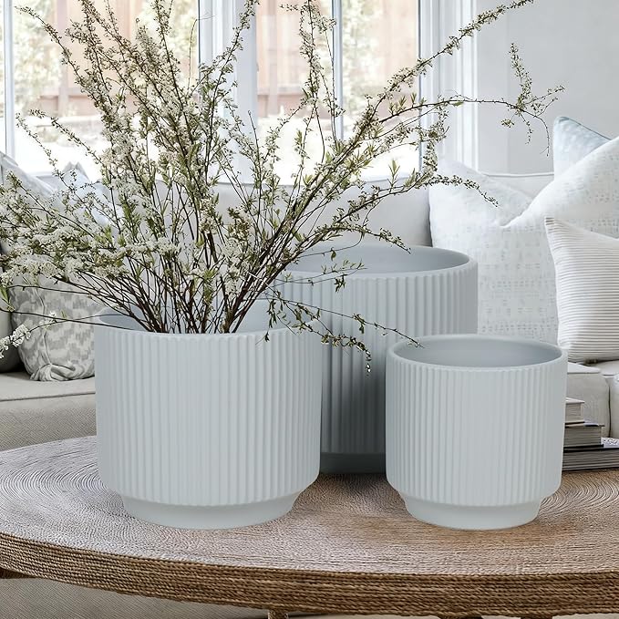 Oakrain Plant Pots with Vertical Stripes 7.8/6.5/5.2 inch, Set of 3 Modern Decorative Planters for Indoor Outdoor Plants, Flower Pot with Drainage Holes, Ceramic Blue