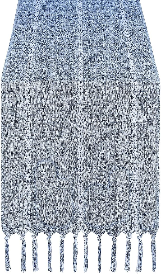 Chassic Rustic Farmhouse Style Linen Table Runner, Boho Handmade Tassel Embroidery Table Runners 108 Inches Long for Holiday Party, Dresser and Dining Decorations, 13 x 108 inch - Blue