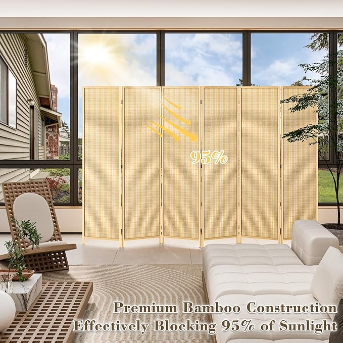 WelFurGeer 6 Panel Bamboo Room Divider, Folding Privacy Screen for Room Separation, Natural Wood Room Partitions and Dividers, Patio Privacy Panels, Decorative Wall Divider for Home, Office, Studio