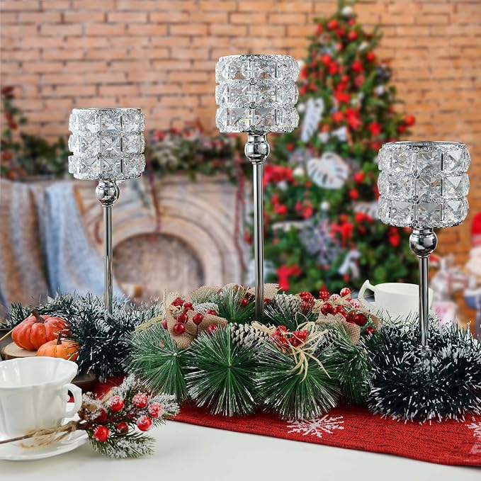 Set of 3 Candle Holders for Wedding Decor, Crystal Candlestick Centerpieces for Table, Tealight Holder for Halloween/Christmas/Party/Wedding Table Decoration (Silver)