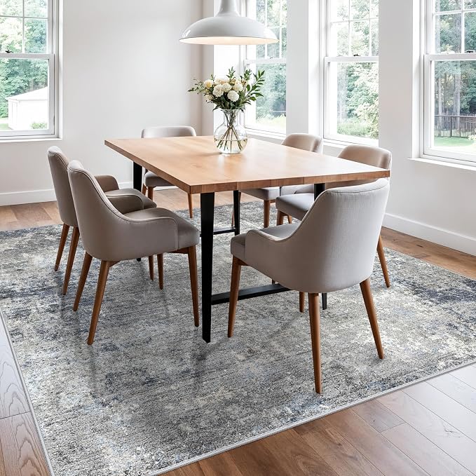 8x8 ft Square Living Room Rug - Washable Modern Neutral Abstract Area Rug for Bedroom, Dining Room, Kitchen Non-Slip Soft Low-Pile Indoor Floor Carpet (Blue Grey, 8x8)