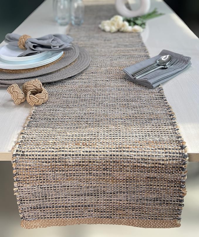 Chardin home Natural Jute Table Runner 13x72 Inch – Vintage Boho Rustic Table Decor – Handwoven Table Runner in Natural Jute and Grey – Farmhouse Dining or Console Table Accent
