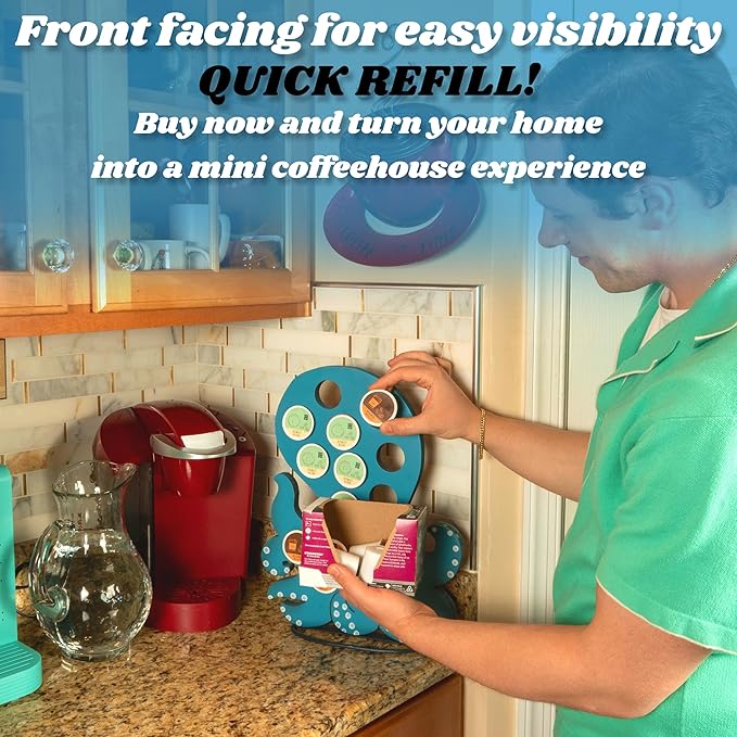 Made Easy Kit Front Facing Countertop Coffee Pods Holder - Compatible with K-Cups Practical meets Whimsical - Coffee Bar Decor for Home Café Kitchen Nook (Blue Octopus)