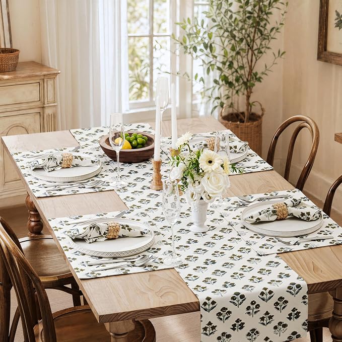 100% Cotton Block Print Floral Table Runners, 13x48 Inch Brown Farmhouse Table Runners 48 Inches Long Boho Flowers Home Decors
