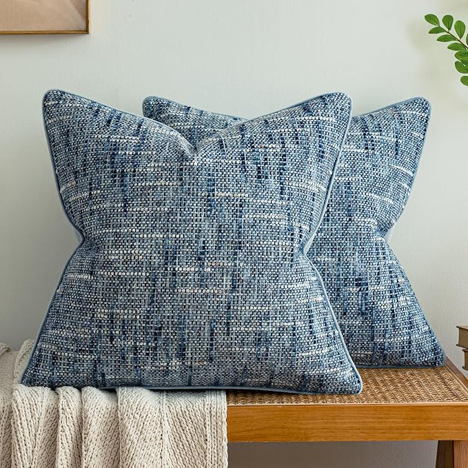 a moment Light Blue Reversible Pillow Covers 2 Pack - Farmhouse Chenille Velvet Throw Pillows, Neutral Textured Decorative Throw Pillow Covers with Border for Couch Sofa Bed (22x22 Inch, No Insert)