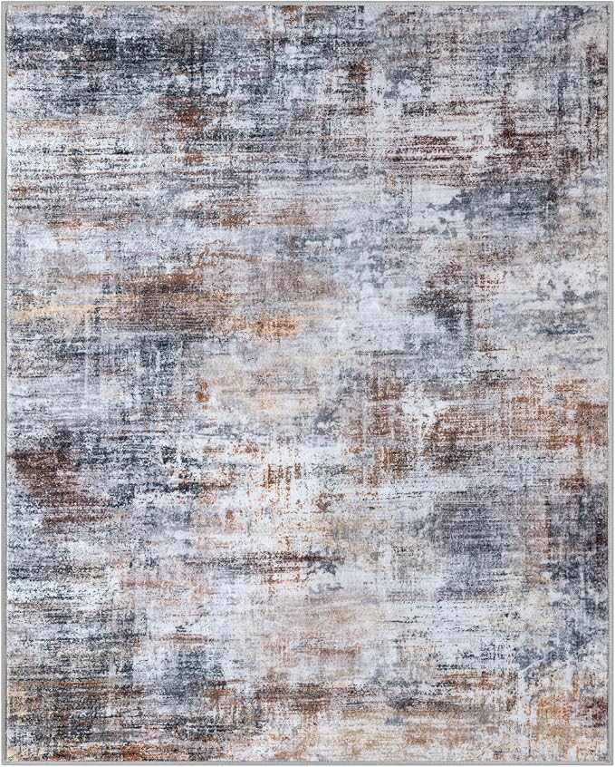 IOHOUZE Abstract Area Rug 4x5 Ft Washable Rugs for Entryway Indoor, Non Slip Small Living Room Rugs Printed Faux Wool Throw Rug, Floor Carpet for Kitchen Nursery Playroom, Orange Grey