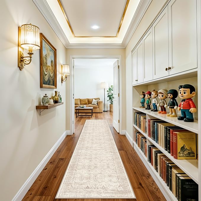Washable Runner Rug 2x10 Hallway: Non Slip Vintage Boho Carpet with Rubber Backing for Kitchen Entryway Hall Holiday Farmhouse Neutral Cream Long Runners (Brown/Ivory 2'x10')