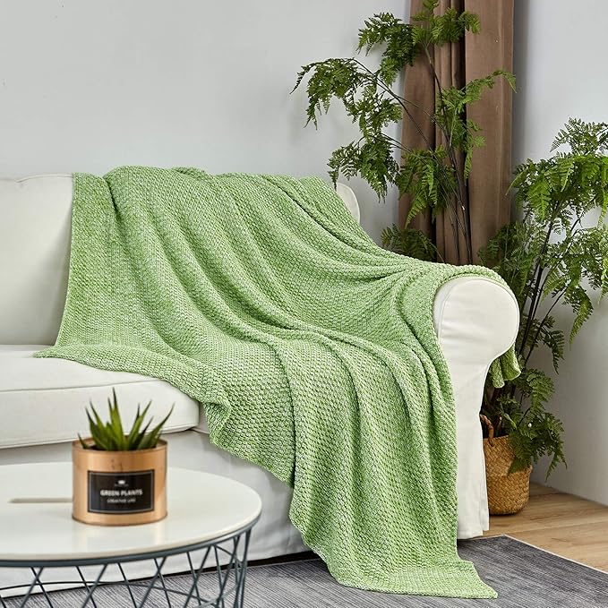 Longhui bedding 100% Cotton Knitted Throw Blanket – Green, Soft & Cozy, Machine Washable, 60"x80" – Perfect for Living Room, Couch, Sofa, Bed or Travel
