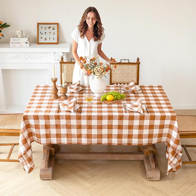 Linen World Gingham Tablecloth – Buffalo Plaid Linen Tablecloth 120" x 60" Inch,100% French Flax Table Cloth for Dining Table,Weddings,Thanksgiving & Christmas Decor,Rust Checkered