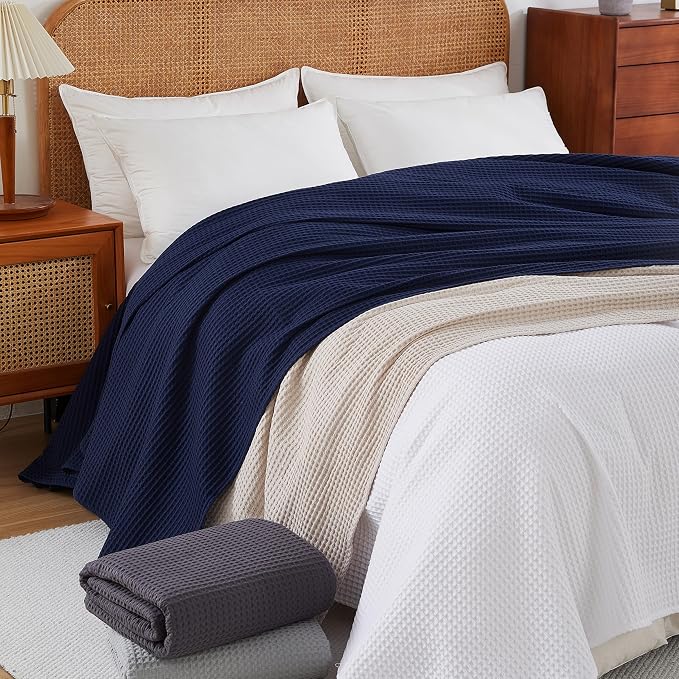 100% Egyptian Cotton Waffle Weave Throw Blanket for Bed Couch Sofa Home Decor, Soft Lightweight Bed & Couch Blanket for All Seasons (Navy Blue - Full Size - 84 * 90")