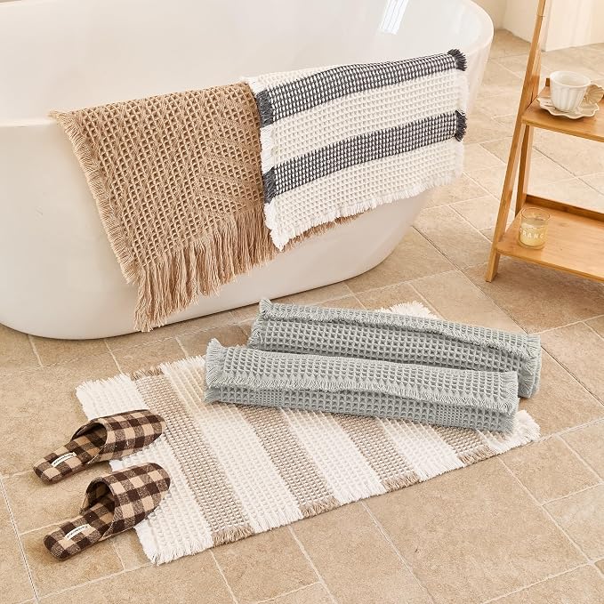 Waffle Bath Mat Non Slip, Boho Runner Rug, Super Absorbent Quick Dry Long Bath Runner Bathroom, Soft Farmhouse Bath Rug with Tassels, Washable Shower Mats for Floor 24"x48", Square Light Grey