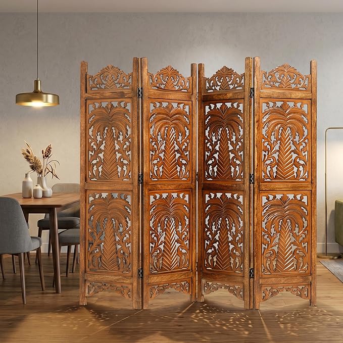 Lightnpro 4 Panel Palm Tree Wooden Room Divider 64"(W) x 60"(H) Hand-Carved Folding Privacy Screen, Pre-Assembled Decorative Partition for Living Room, Bedroom, Office Boho & Farmhouse Home Dรฉcor