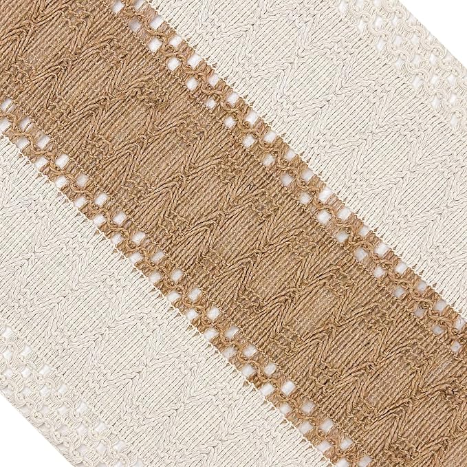 Boho Table Runner for Spring Home Decor with Tassels 72 Inches, Farmhouse Rustic Cream & Brown Table Runners for Bohemian Kitchen Summer Dining Table(12x72in, Fringe Included)