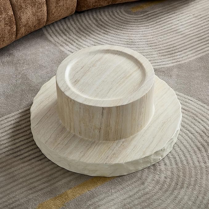 Round Coffee Table, 31.69" Fiberglass Faux Marble Pattern Imitation Stone Table Cement Center Table for Living Room Apartment