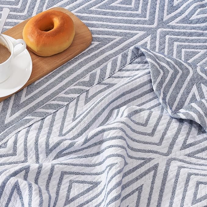 jinchan Boho 100% Cotton Blanket Muslin 50x60 Inches Lightweight 3-Layer Geometric Triangle Striped Pattern Reversible Quilt Throw Soft Breathable Comfy All Seasons for Couch Bed Decor, Blue