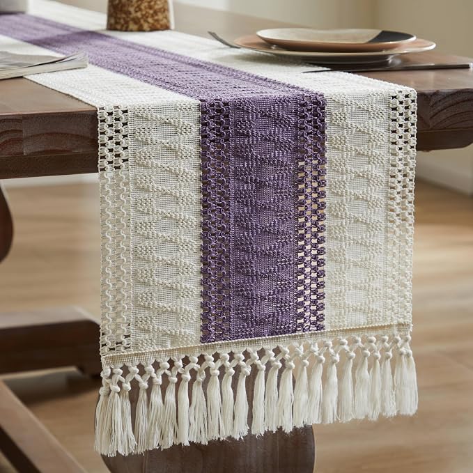 ZeeMart Macrame Style Bicolor Stitching Table Runner, 14 x 48 Inch Purple/Ivory, Boho Purple Table Runners 48 Inches Long, Farmhouse Woven Home Decor