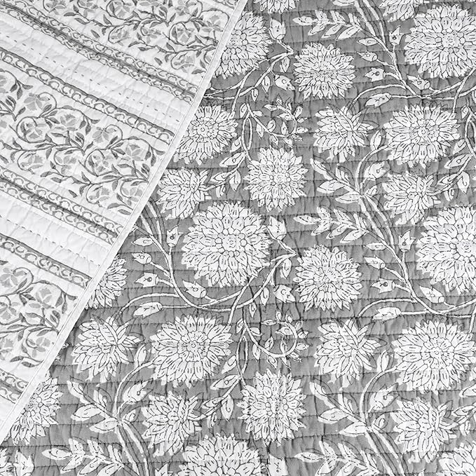 Levtex Home Adare Grey Quilted Throw - (50x60in.) - Floral - Grey White - Reversible - Cotton
