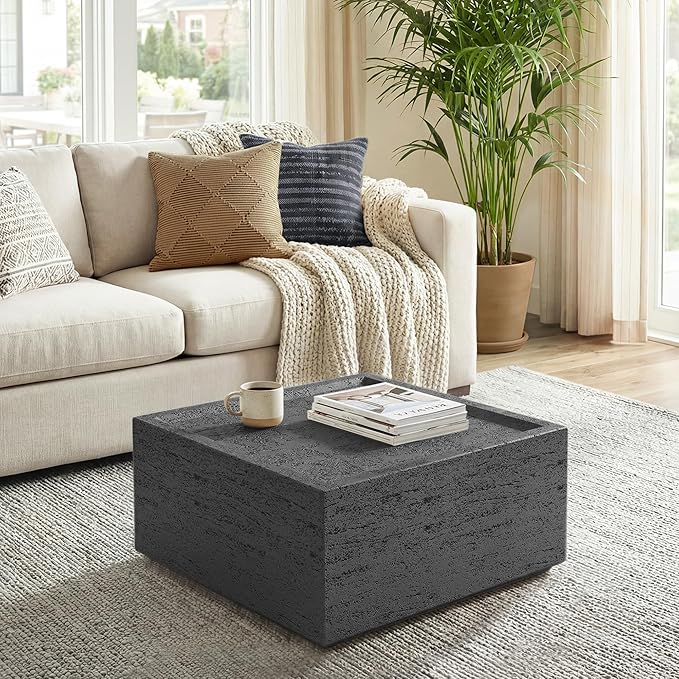 UPHA 28" Square Outdoor Coffee Table, Modern Hollow Concrete Patio Table, Small Minimalist Low Accent Table for Living Room, Balcony, Deck, Backyard, Dark Gray