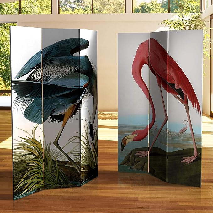 Red Lantern 6 ft. Tall Double Sided Audubon Heron & Flamingo Canvas Room Divider 3 Panel Freestanding Folding Privacy Screen, Partition, and Separator for Modern and Contemporary Bedroom, Home Office