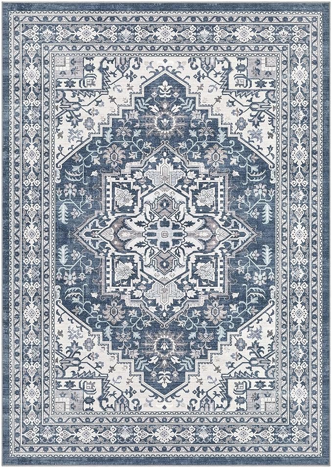 UERMEI 9x12 Area Rug for Living Room - Washable Vintage Carpet, Non-Slip Soft Large Indoor Floor Rugs for Bedroom Home Office & Under Dining Table Decor, Denim Blue/White