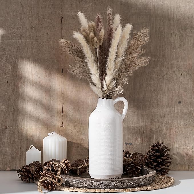 PORCER Ceramic Vase for Home Decor, Ice Crackle Aged White Vintage Vase with Handle, Decorative Flower Vase for Farmhouse, Living Room, Table, Fireplace, Nightstand - Ice Crackle White