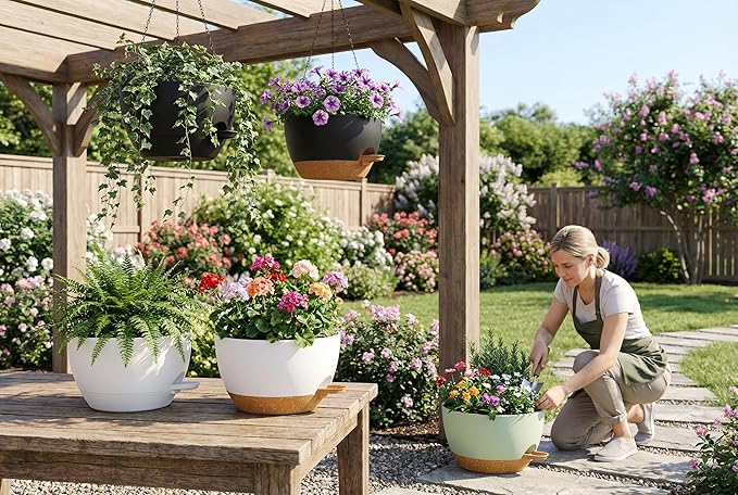 Hanging Planters, 3-Pack 10 Inch Self-Watering Pots with Drainage Holes and Chains, Matte Plastic Planters for Indoor/Outdoor Plant(Black)