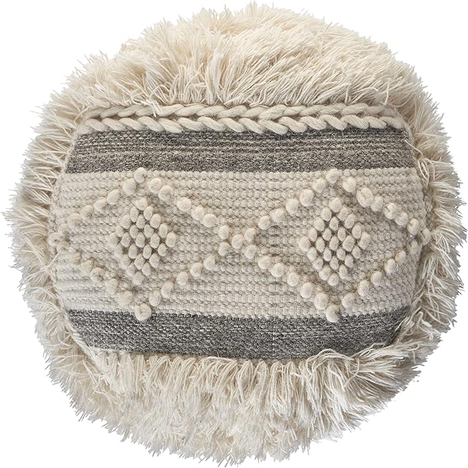 LR Home Indoor Wool Blend Farmhouse Geometric Ottoman Pouf | Cream/Gray,18" x 18" x 14"