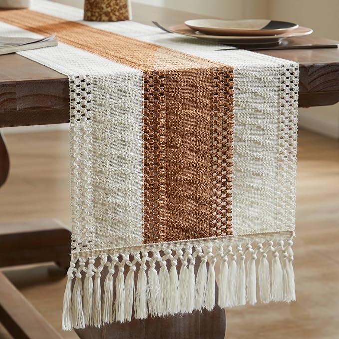 ZeeMart Macrame Style Bicolor Stitching Table Runner, 14 x 72 Inch Caramel/Ivory, Boho Caramel Table Runners 72 Inches Long, Farmhouse Woven Home Decor