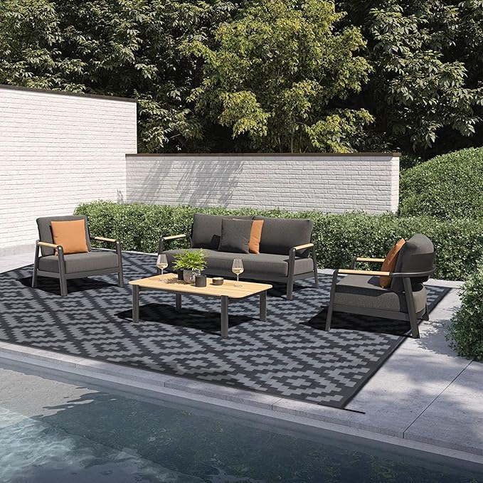 SAND MINE Waterproof Outdoor Rug, Plastic Reversible Rug, Modern Area Rug, Large Floor Mat for Outdoors, RV, Patio, Backyard, Deck, Picnic, Beach, Camping (10' x 14', Black Grey Lattice)
