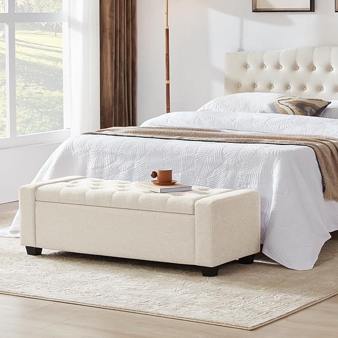 Mangodan 48" Ottoman with Storage, Large Storage Ottoman Bench for Bedroom with Safety Hinge, Upholstered Tufted Window Benches, End of Bed Bench for Living Room, Entryway Bench with Seating, Beige