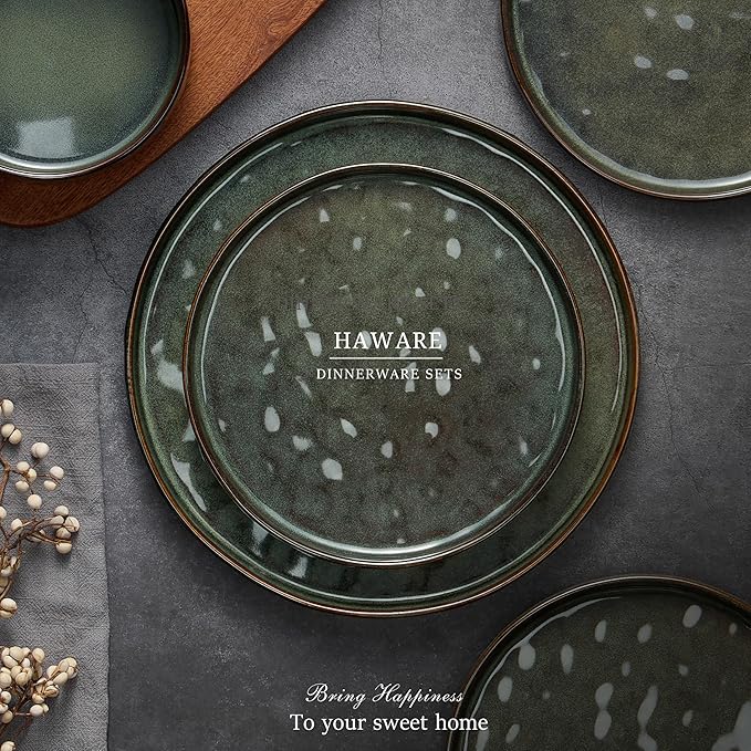 HaWare Dinnerware Sets, 6-Piece Plates and Bowls Set, Stoneware Dish Set for 2, Ceramic Dinnerware for Home Restaurant, Chip and Scratch Resistant, Microwave and Dishwasher Safe, Reactive Moss Green